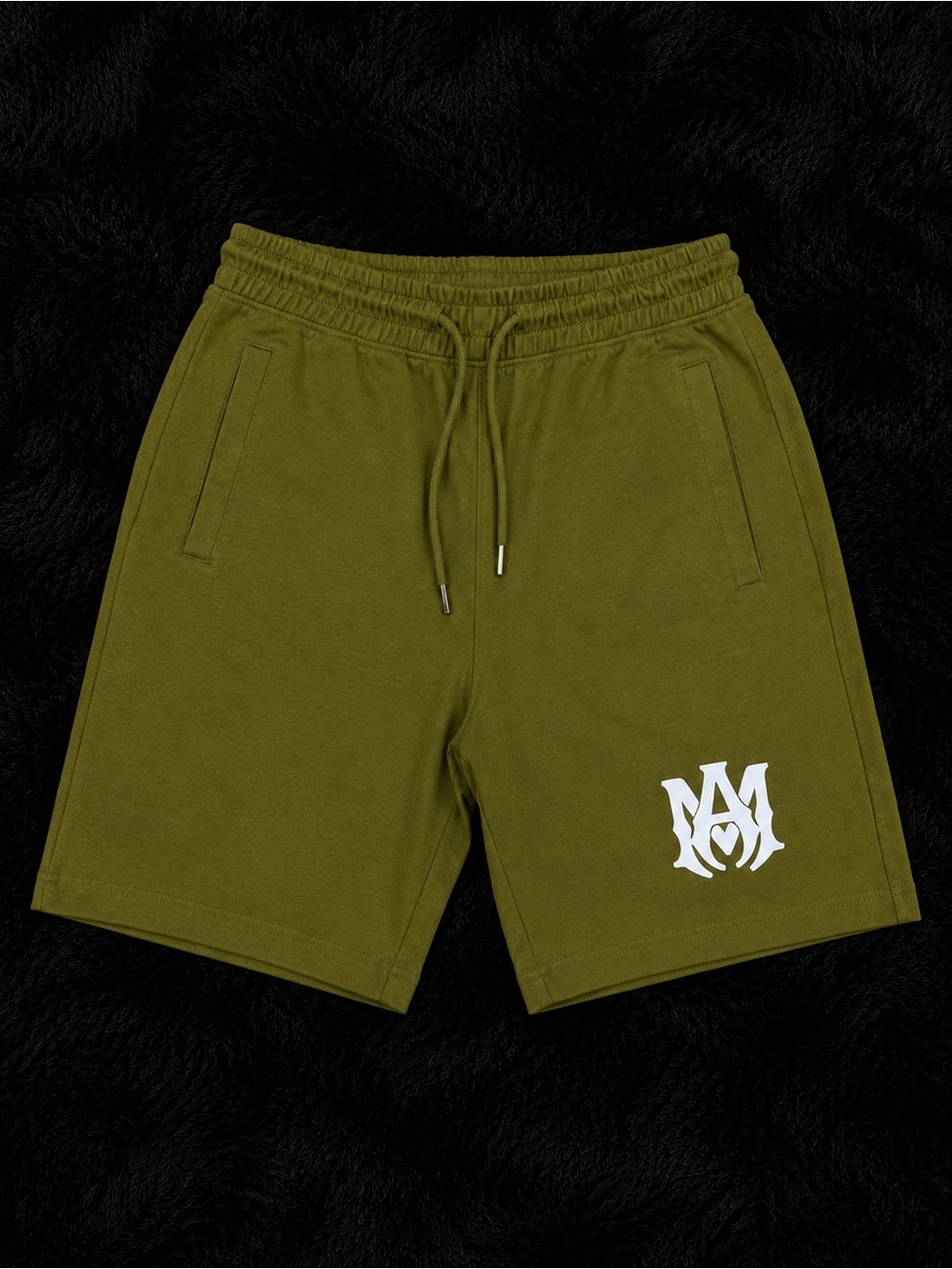 AMIRI Olive Green Athletic Drawstring Shorts with White Logo